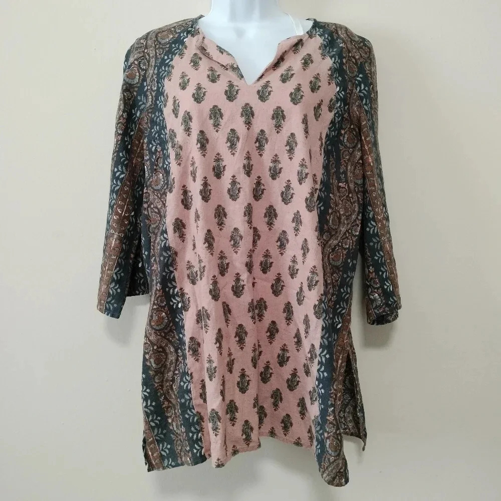 J.Jill Size Medium Petite Womens V Neck 3/4 Sleeve Multicolored Tunic Blouse